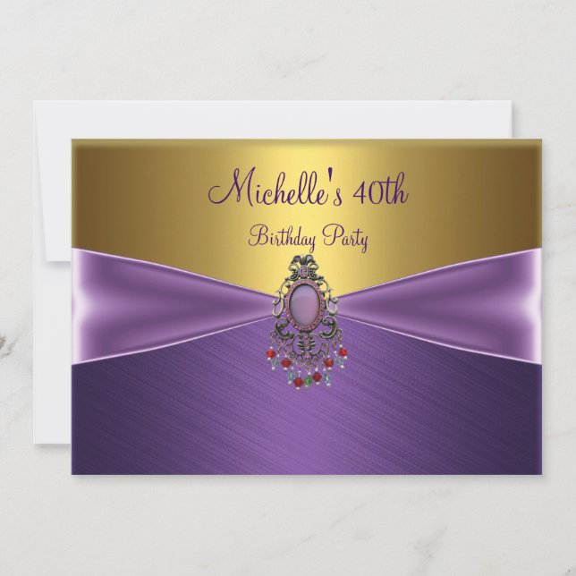 Elegant Gold Purple Bead Jewel 40th Birthday Invitation (Front)