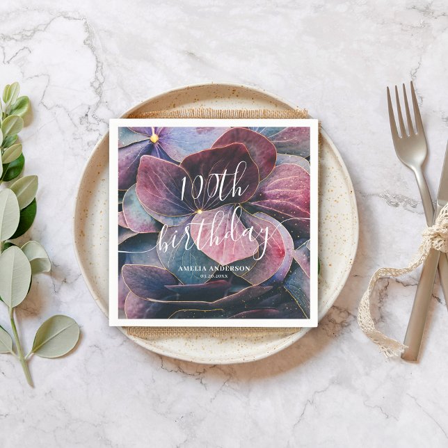 Elegant Gold Purple Blue Hydrangeas 100th Birthday Napkin (Creator Uploaded)