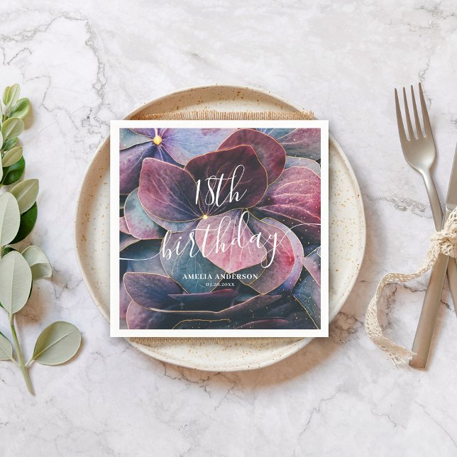 Elegant Gold Purple Blue Hydrangeas 18th Birthday Napkin (Creator Uploaded)