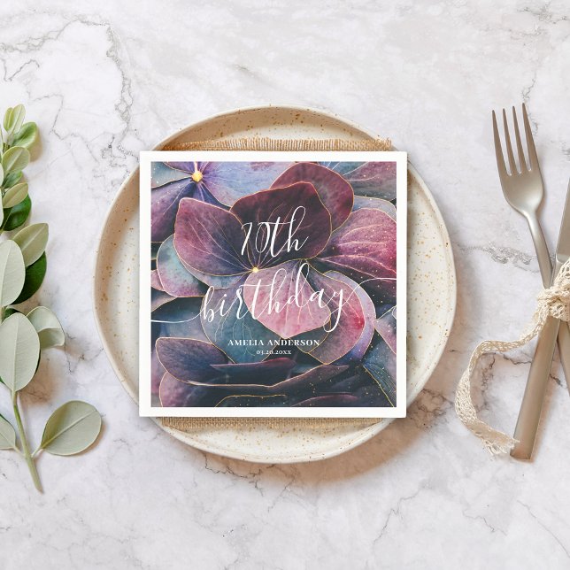 Elegant Gold Purple Blue Hydrangeas 70th Birthday Napkin (Creator Uploaded)