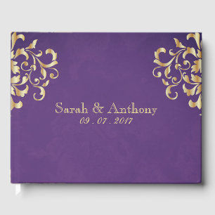 Elegant Gold & Purple Damask Wedding Guest Book