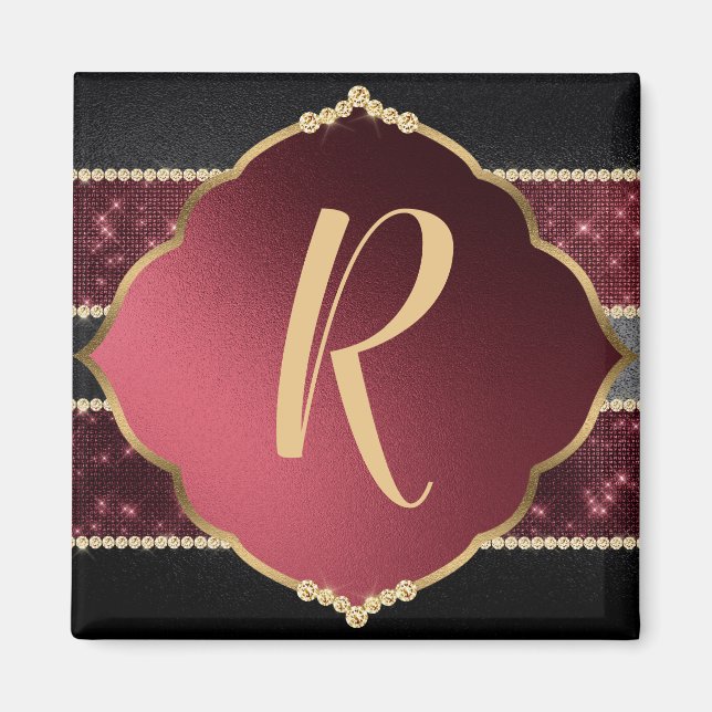 Elegant Gold & Purple Diamond Design Monogrammed Magnet (Front)