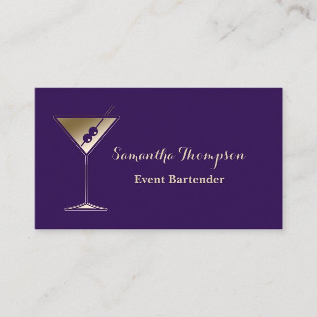 Elegant Gold Purple Event Bartender Business Card (Front)