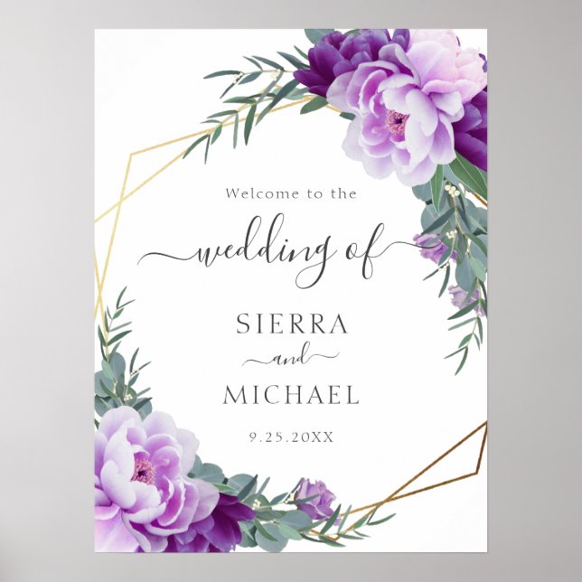 Elegant Gold & Purple Floral Eucalyptus Wedding Poster (Front)