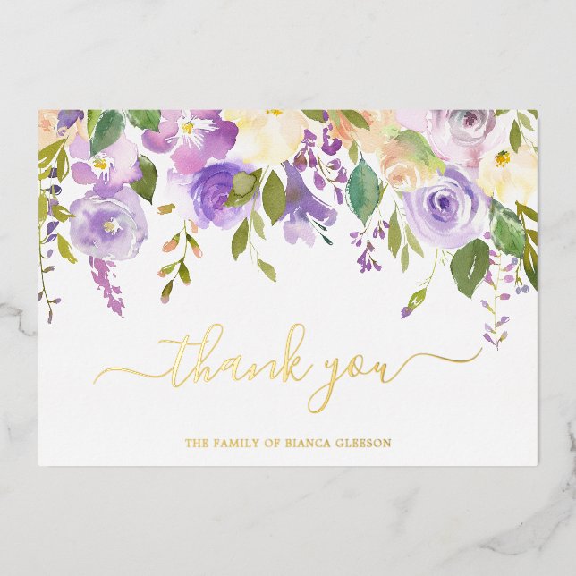 Elegant Gold Purple Floral Funeral Thank You Card (Front)
