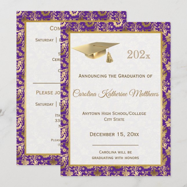 Elegant Gold Purple Floral Graduation Announcement (Front/Back)