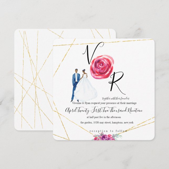 Elegant Gold Purple Floral Wedding Invitation (Front/Back)