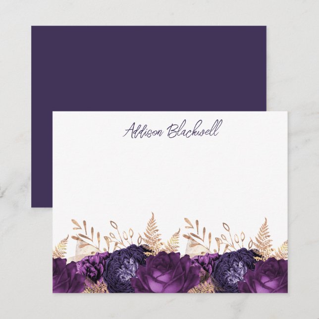 Elegant Gold Purple Flowers Personalised Name Card (Front/Back)