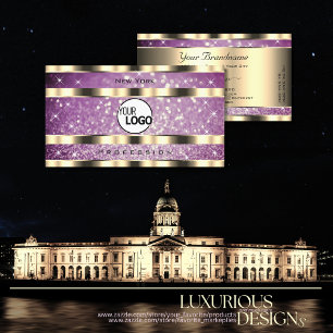 Elegant Gold Purple Glitter Sparkle Stars and Logo Business Card