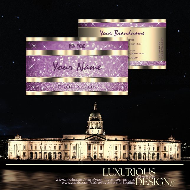 Elegant Gold Purple Glitter Sparkle Stars Quality Business Card (Creator Uploaded)