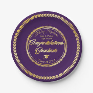Elegant Gold   Purple Grad Cap Class of 2023 Paper Plate