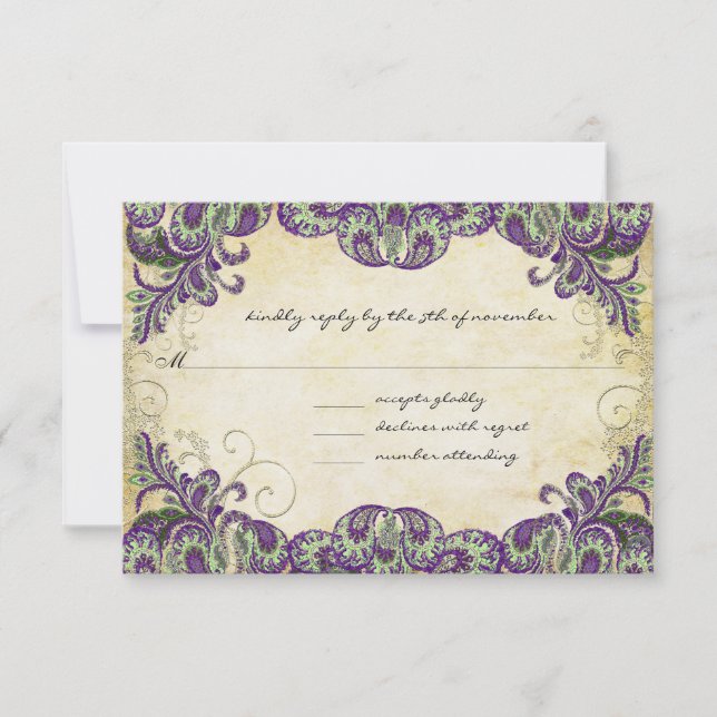 Elegant Gold Purple & Green Peacock Wedding RSVP Card (Front)
