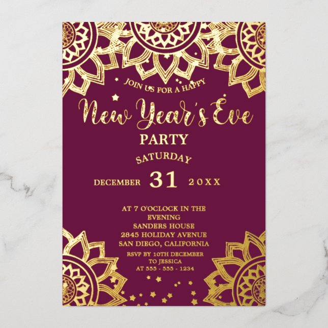 Elegant Gold Purple Mandala New Year's Eve Party  (Front)