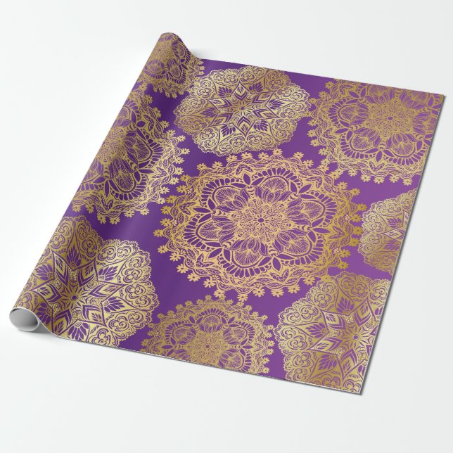 Elegant Gold Purple Mandala Pattern Wrapping Paper (Unrolled)