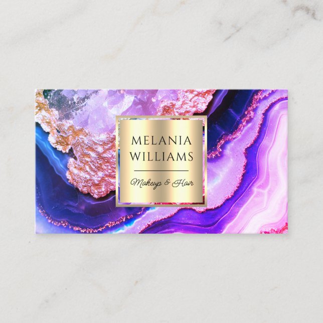 Elegant Gold Purple Marble Agate Geode QR Code  Business Card (Front)