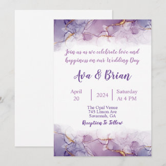 Elegant Gold Purple Marble Watercolor Wedding Invitation
