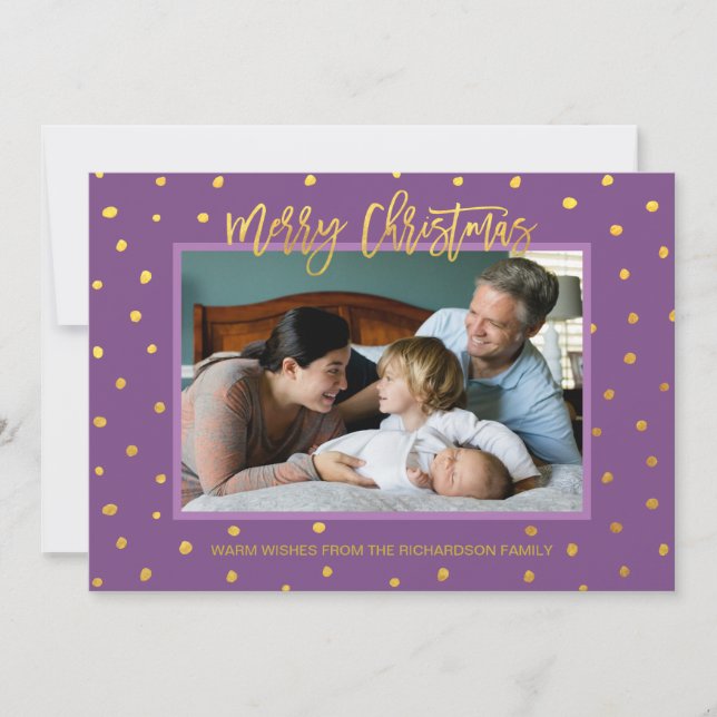 Elegant Gold Purple Merry Christmas Custom Photo Holiday Card (Front)
