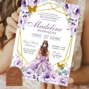 Elegant Gold Purple Mexican Princess Quinceanera Invitation