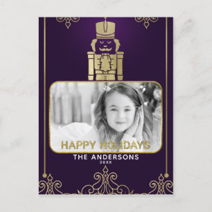 Elegant Gold & Purple Nutcracker Holiday Photo Postcard