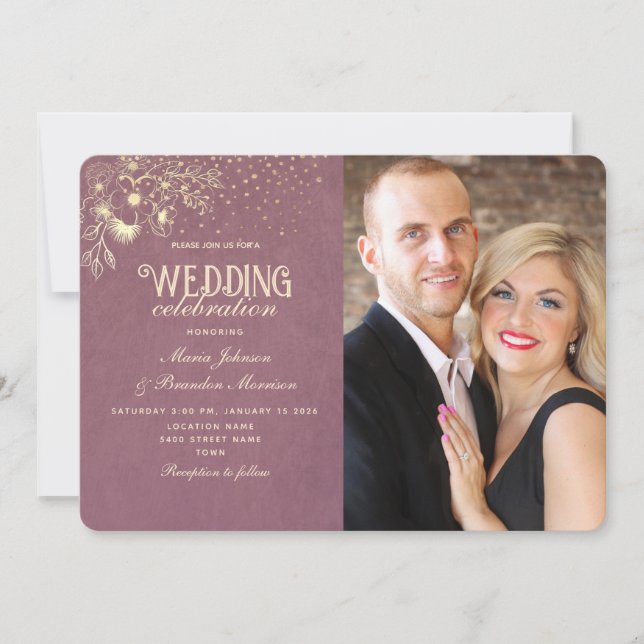 Elegant Gold Purple Photo Wedding Invitation (Front)