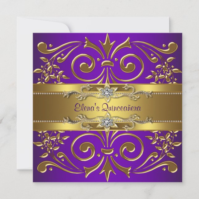 Elegant Gold Purple Quinceanera Invitations (Front)
