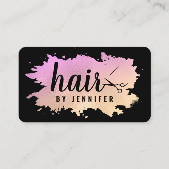 Elegant gold & purple scissors hairstylist business card (Front)