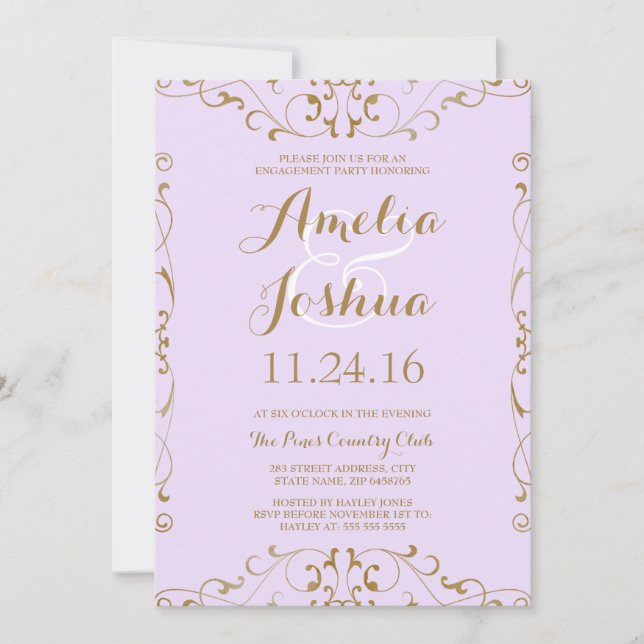 Elegant Gold Purple Swirl Engagement Party Invite (Front)