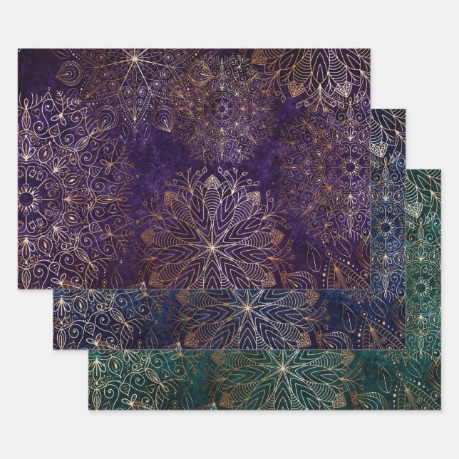Elegant Gold Purple Teal & Blue Floral Mandala   Wrapping Paper Sheet (Set)