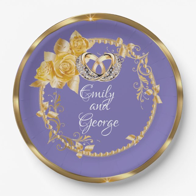 Elegant Gold Purple Wedding Personalised  Paper Plate (Front)