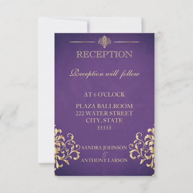 Elegant Gold & Purple Wedding Reception Card (Front)