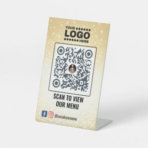 Elegant Gold QR Code Menu Sign: No Contact Tableto Pedestal Sign