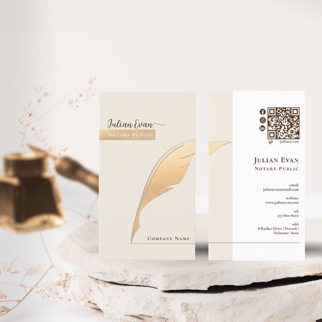 Elegant Gold quill pen Ivory Notary Public Qr Code Business Card (Creator Uploaded)