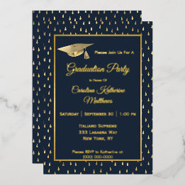 Elegant Gold Raindrops Navy Blue Graduation Party