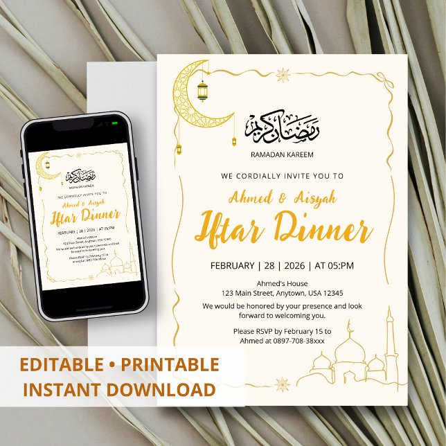 Elegant Gold Ramadan Kareem Iftar Dinner Invitation (Creator Uploaded)