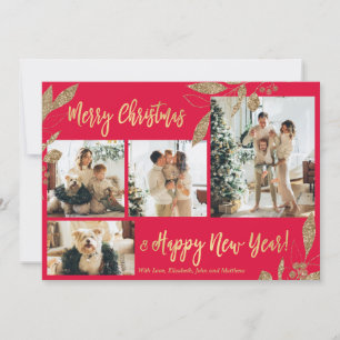 Elegant Gold Red 4 Photo Collage Christmas Card
