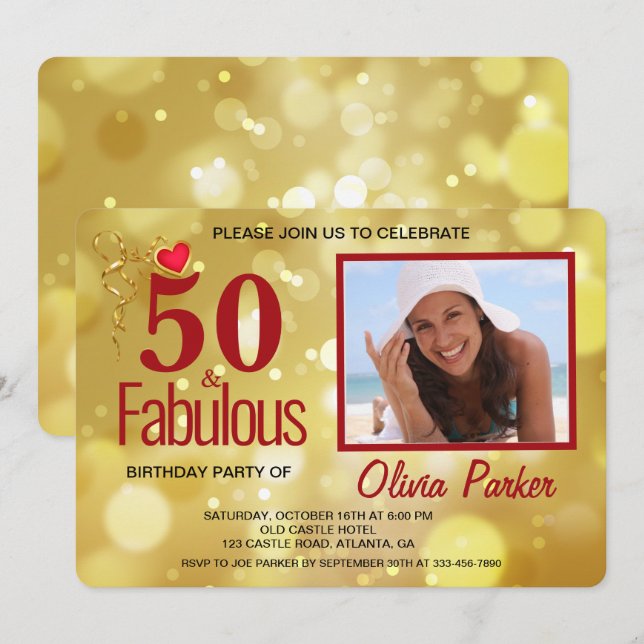 Elegant Gold Red  50th Birthday Party Invitation (Front/Back)