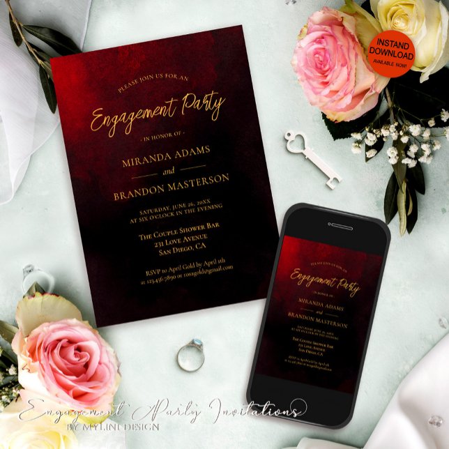 Elegant Gold Red and Black Engagement Party Invitation (Creator Uploaded)