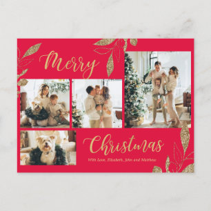 Elegant Gold Red Botanical Photo Collage Christmas Postcard