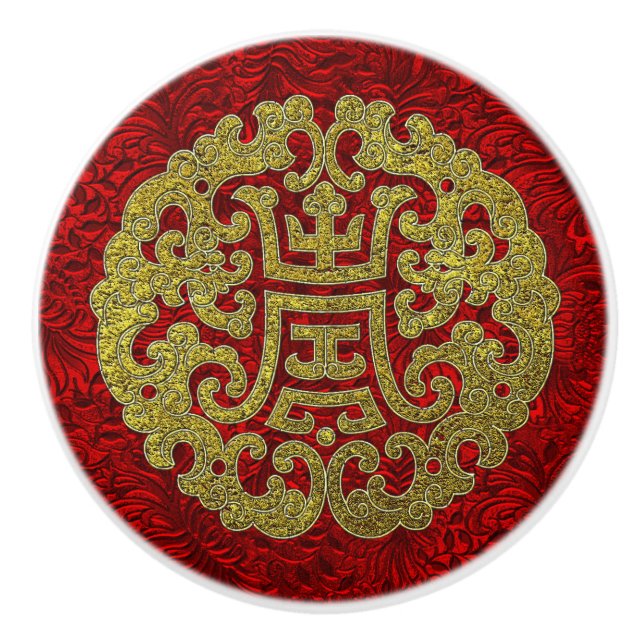 Elegant Gold Red Chinese Symbol Ceramic Knob (Front)