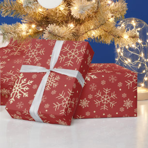 Elegant Gold & Red Christmas Snowflake Pattern Wrapping Paper