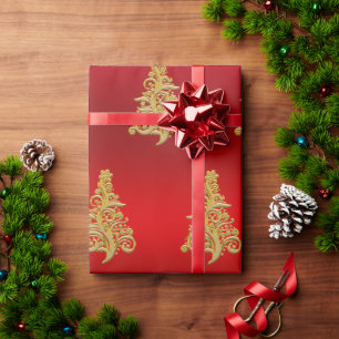 Elegant Gold & Red Christmas Tree Pattern Wrapping Paper
