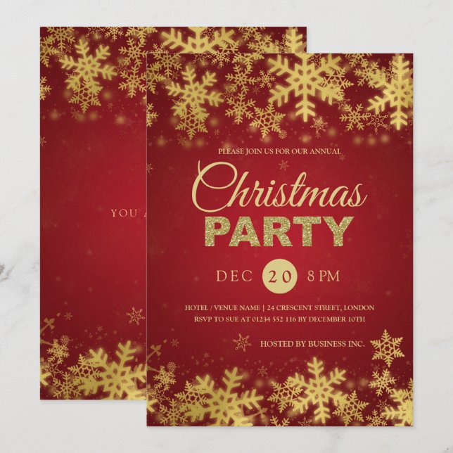 Elegant Gold & Red Corporate Holiday Party Invitation (Front/Back)