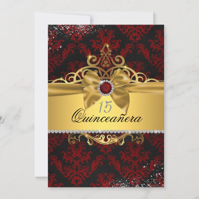 Elegant Gold Red Damask Quinceanera Invite (Front)