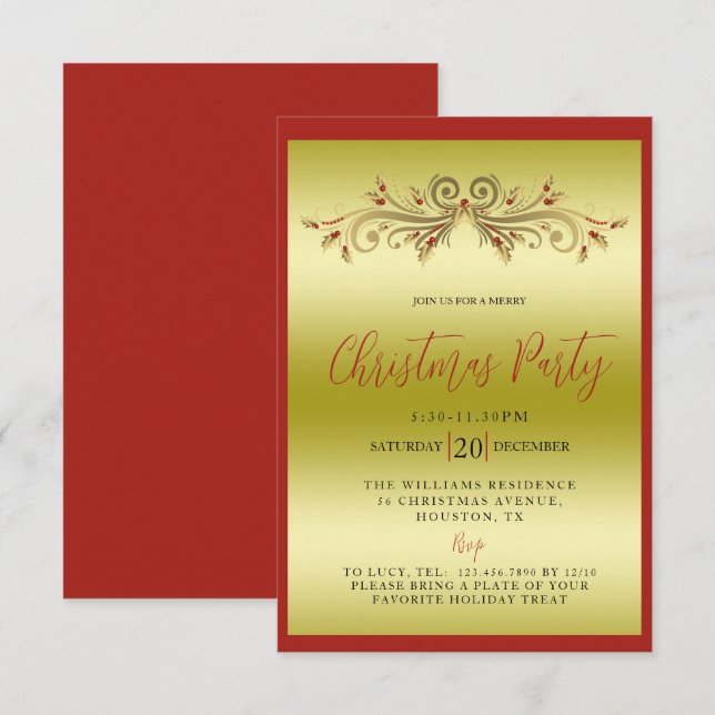 Elegant Gold & Red Decorative Christmas Party Invitation (Front/Back)