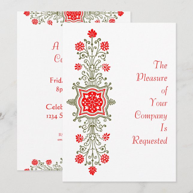 Elegant Gold & Red Floral Art Custom Invitations (Front/Back)