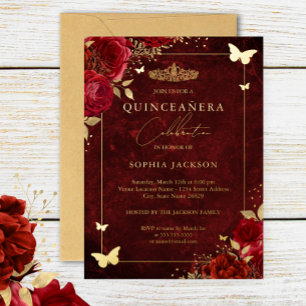 Elegant Gold Red Floral Butterfly Quinceanera