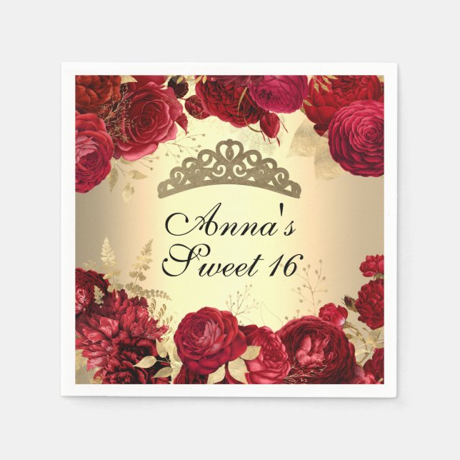 Elegant Gold Red Floral Themed Sweet Sixteen Napkin (Front)