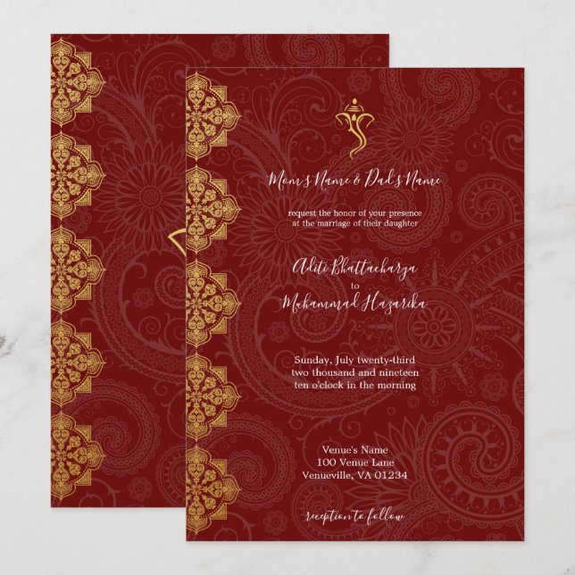 Elegant Gold & Red Ganesha Indian Wedding Invitation (Front/Back)