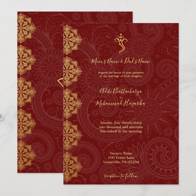 Elegant Gold & Red Ganesha Indian Wedding Invitation (Front/Back)