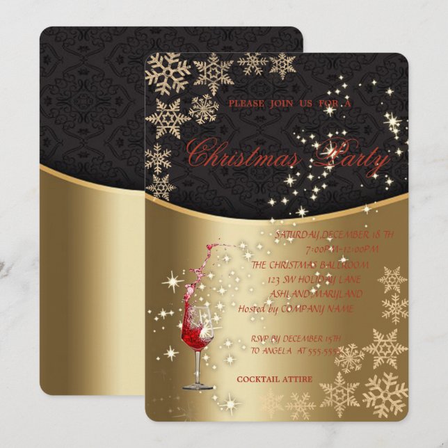 Elegant Gold Red Glass,Corporate Christmas Party Invitation (Front/Back)